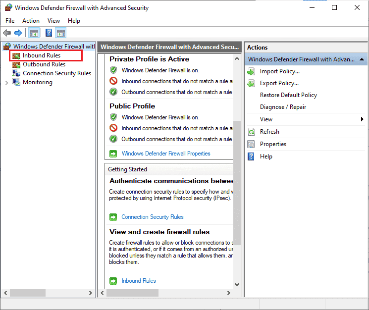 Klicken Sie auf Eingangsregeln. Fix WoW braucht ewig zum Starten in Windows 10