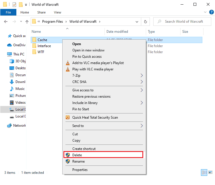 Klicken Sie mit der rechten Maustaste auf den Cache-Ordner und wählen Sie die Option Löschen. Fix WoW braucht ewig zum Starten in Windows 10