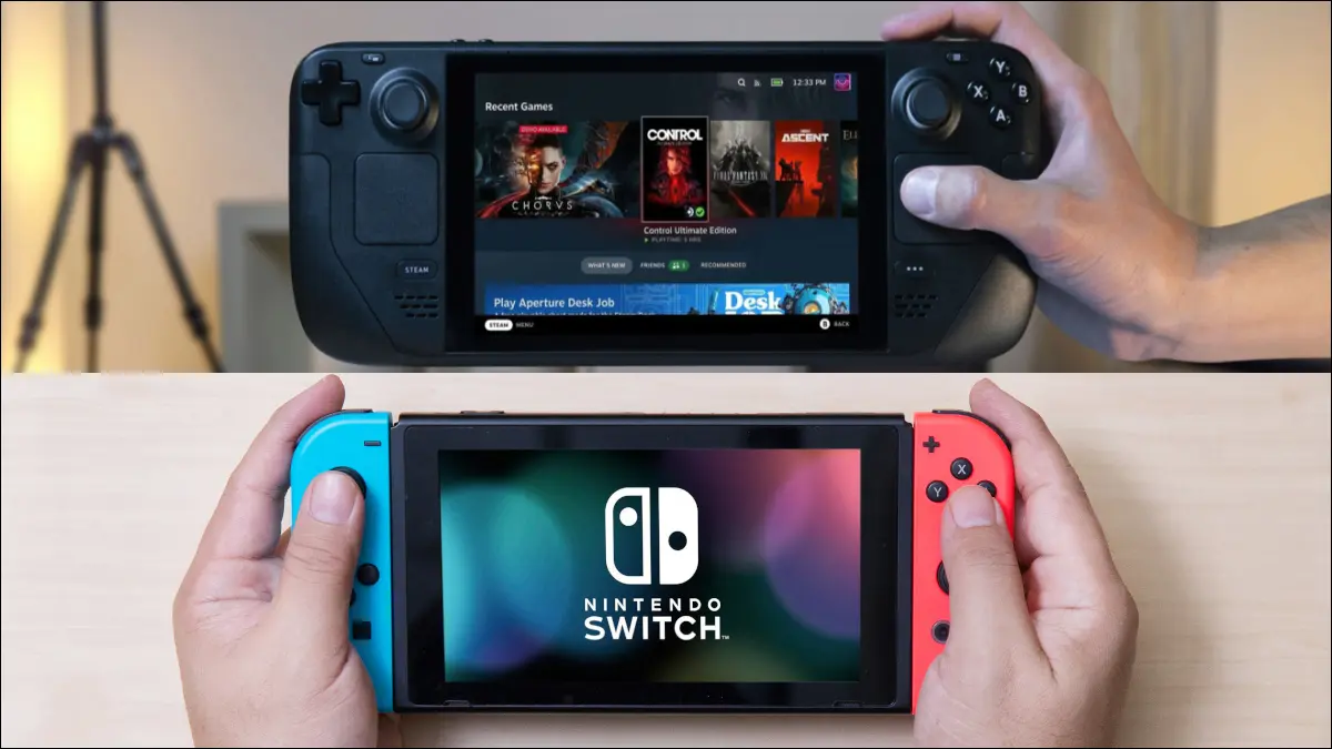 Konsola Steam Deck trzymana nad Nintendo Switchem.