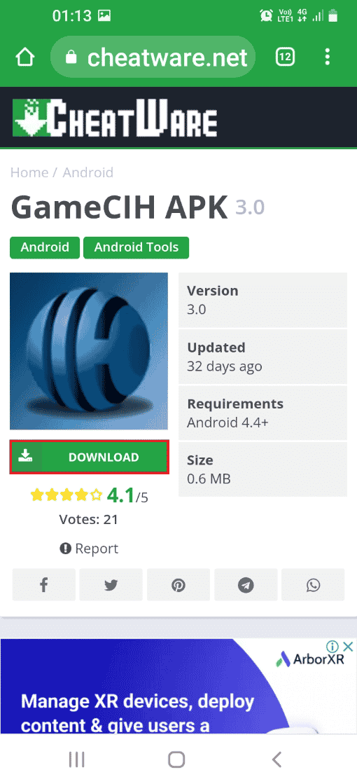 Otwórz oficjalną stronę aplikacji GameCIH APK 3.0 i naciśnij przycisk POBIERZ