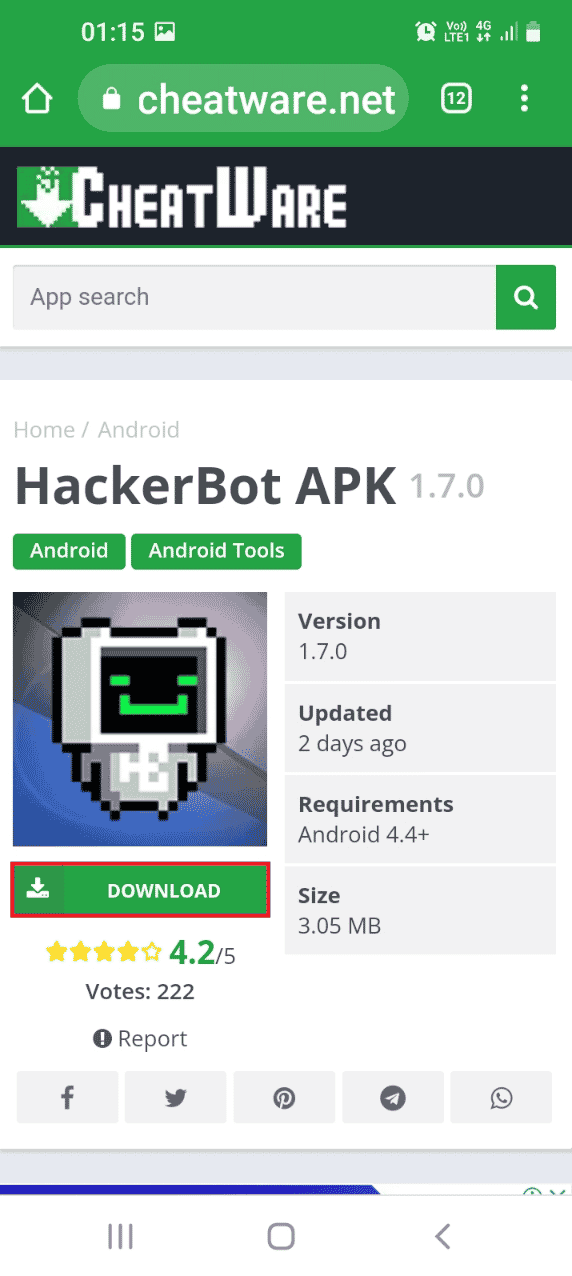 Otwórz oficjalną stronę HackerBot APK 1.7.0 i naciśnij przycisk POBIERZ. Jak zhakować dowolną grę na Androida