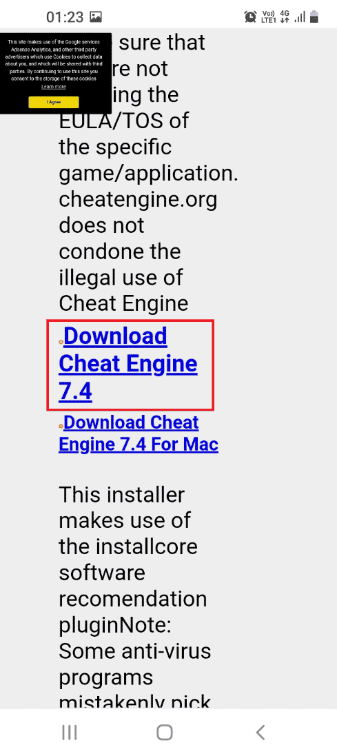 Otwórz oficjalną stronę aplikacji Cheat Engine i dotknij linku Pobierz Cheat Engine 7.4