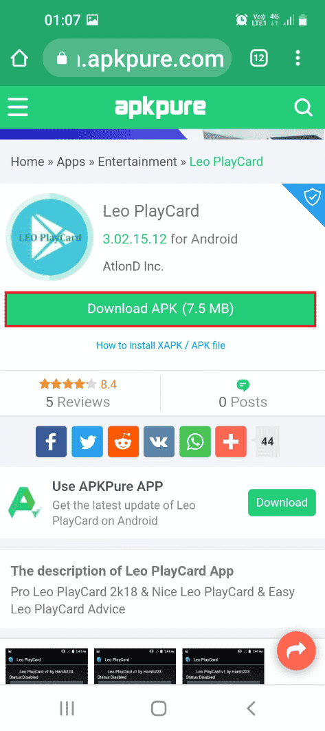 Otwórz oficjalną stronę aplikacji LeoPlay Card i naciśnij przycisk Pobierz APK 7,5 MB