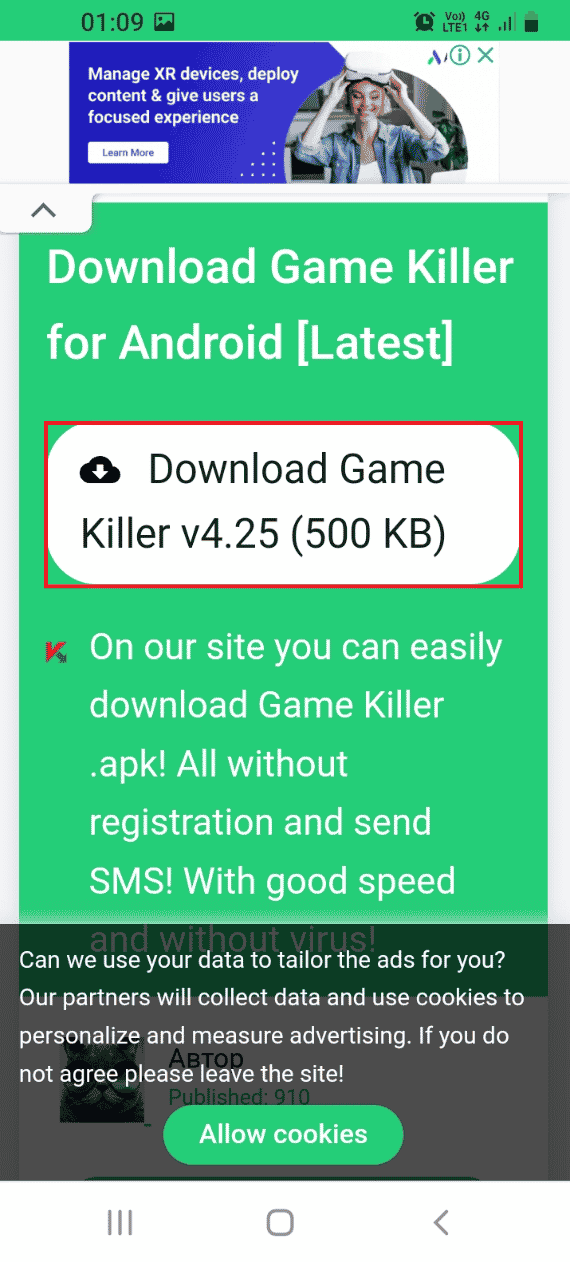 Otwórz oficjalną stronę Game Killer 2019 i naciśnij przycisk Pobierz Game Killer v4.25 500 KB