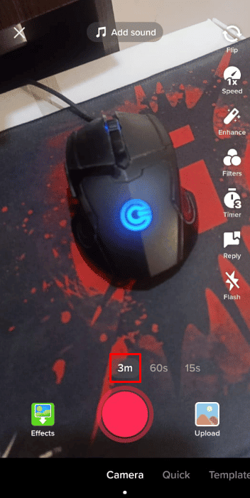 Nad przyciskiem przechwytywania dotknij opcji 3 m | Jak wydłużać klipy w TikTok