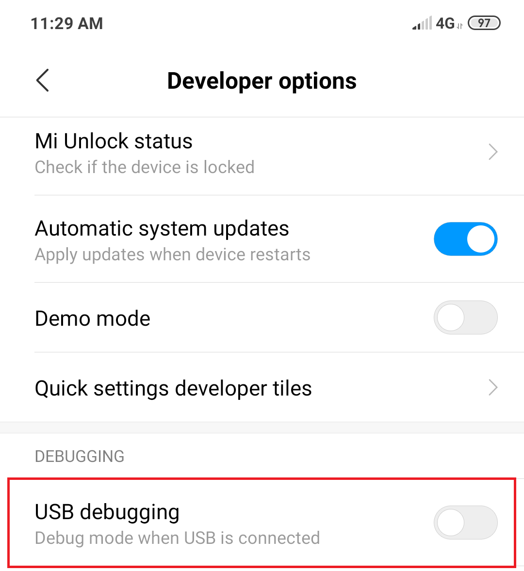 開発者向けオプションで、USBデバッグを探します