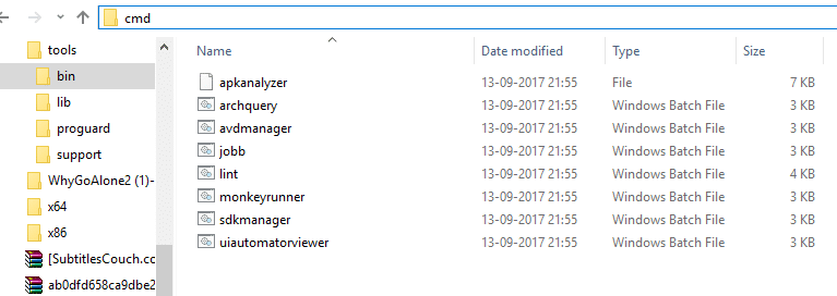 binフォルダー内にアクセスし、cmdと入力してコマンドプロンプトを開きます