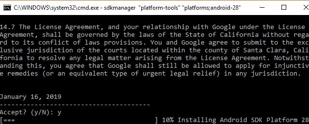 yと入力して、AndroidSKDコマンドラインツールのインストールを開始します