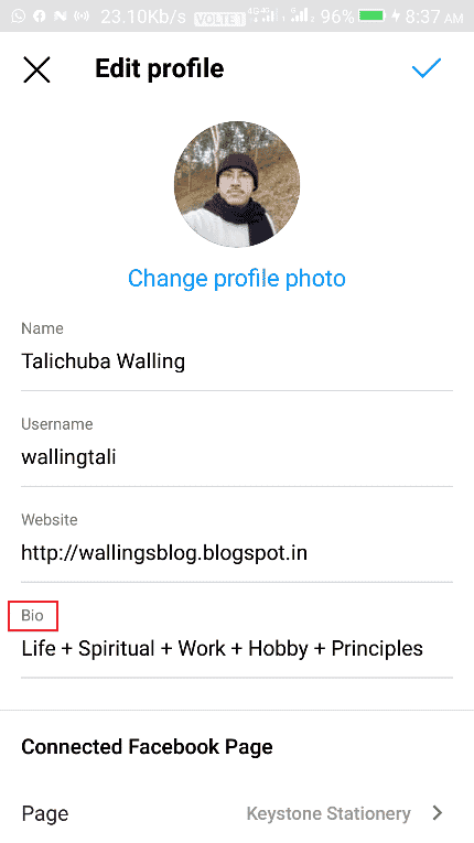 Atingeți Bio și tastați VSCO.co slash urmat de numele dvs. de utilizator