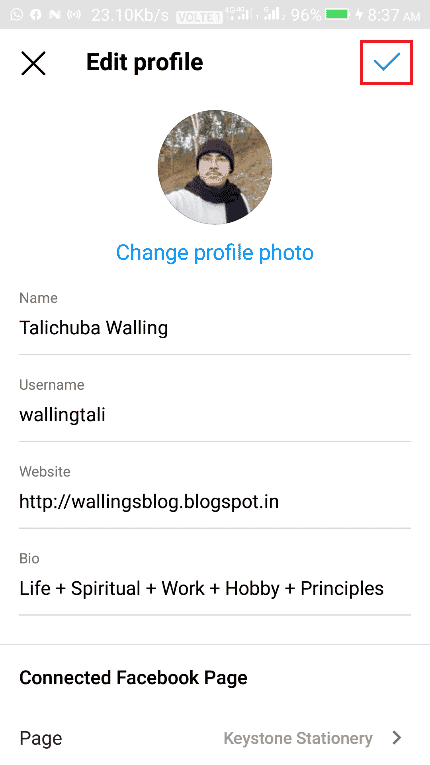 Atingeți pictograma bifă albastră din partea de sus a ecranului | Cum să puneți linkul VSCO în bio Instagram