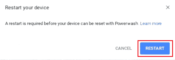 Fare clic su RIAVVIA | Come rimuovere l'account dal Chromebook