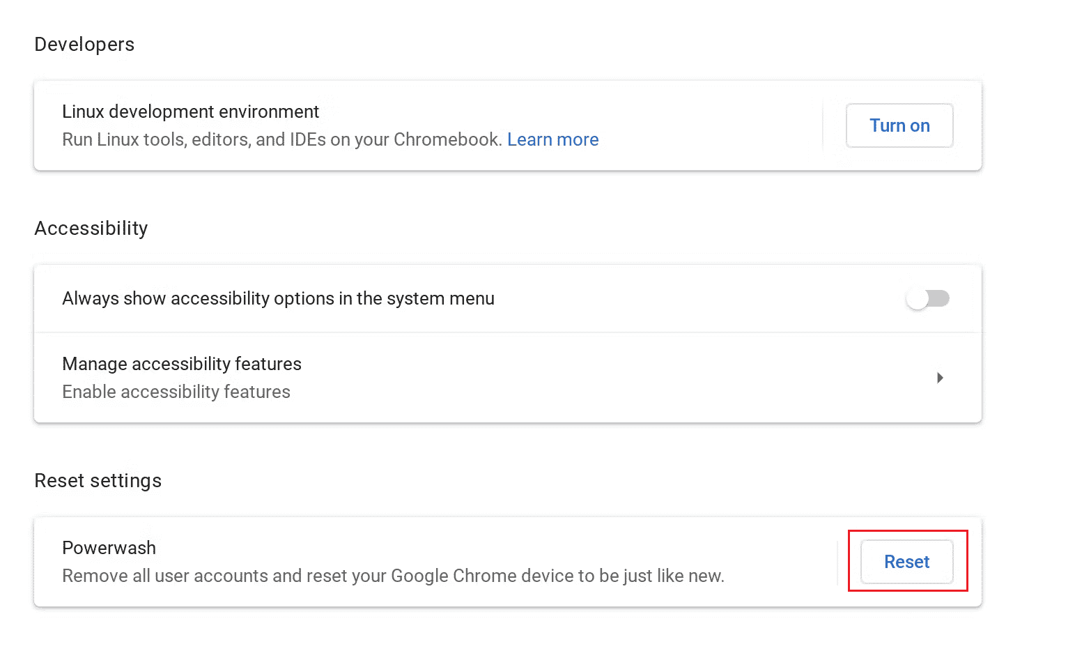 Chromebook - Ripristina dall'opzione Powerwash | Come rimuovere l'account dal Chromebook