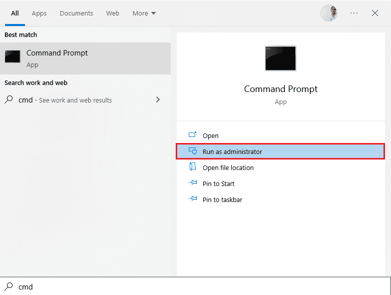 Faites un clic droit sur l'option Invite de commandes, puis sélectionnez Exécuter en tant qu'administrateur