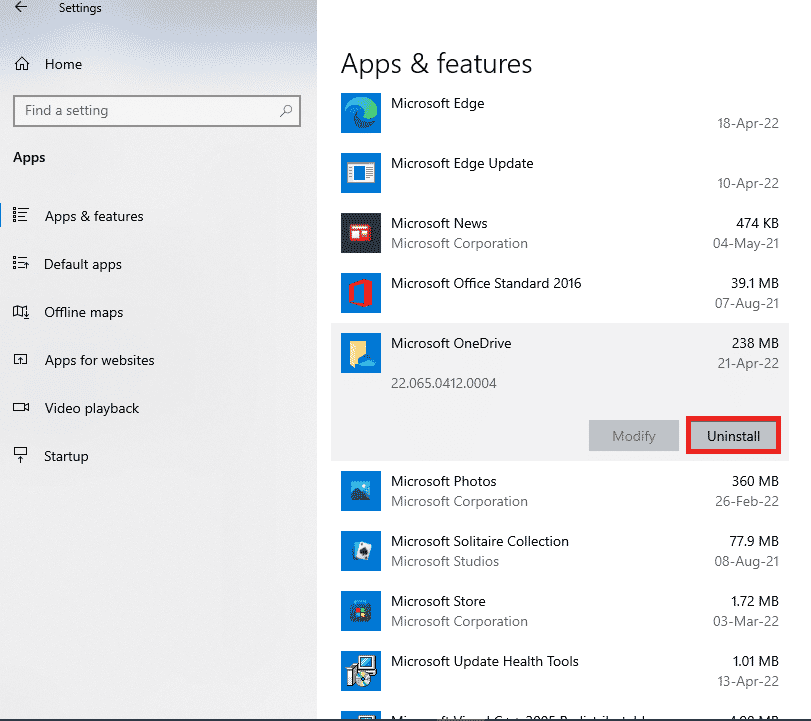 cliquez sur le bouton Désinstaller pour désinstaller l'application OneDrive. Correction de l'erreur OneDrive 0x8004de40 dans Windows 10