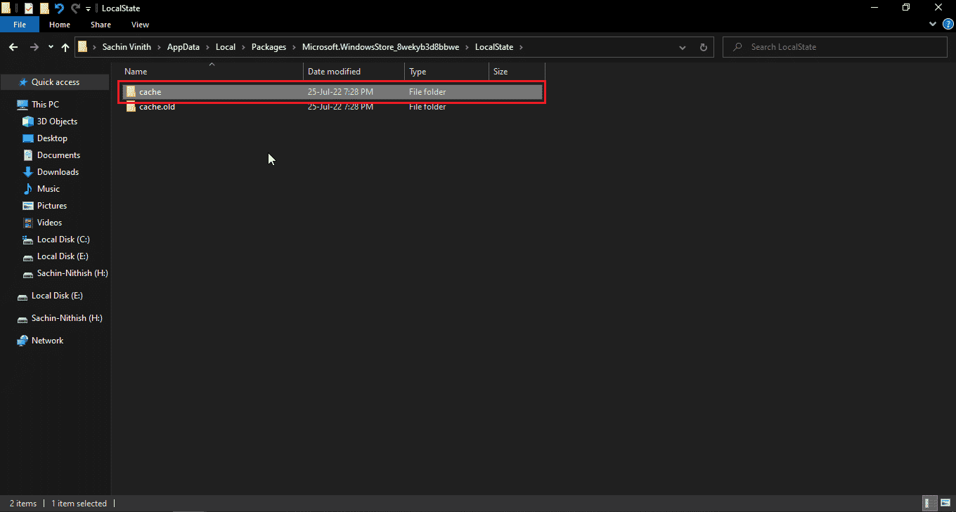 crea una cartella chiamata cache e rinomina la vecchia cache in cache.old. Correggi il codice di errore 0x80d0000a in Windows 10