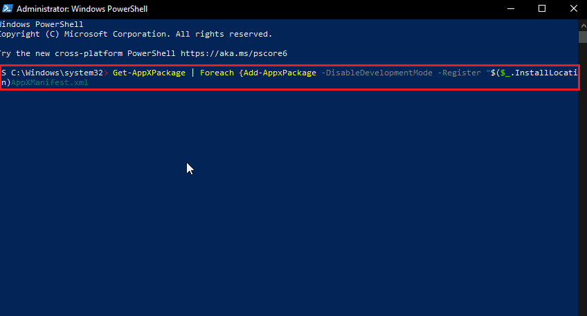 Windows PowerShell aperto eseguito come amministratore con il comando di installazione dell'app di Windows. Correggi il codice di errore 0x80d0000a in Windows 10