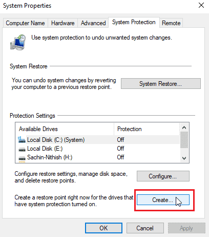 Proprietà di ripristino del sistema. Correggi il codice di errore 0x80d0000a in Windows 10