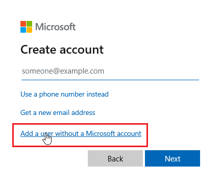 fare clic su aggiungi un utente senza un account Microsoft