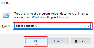inserisci localappdata nella finestra di dialogo Esegui e fai clic su OK