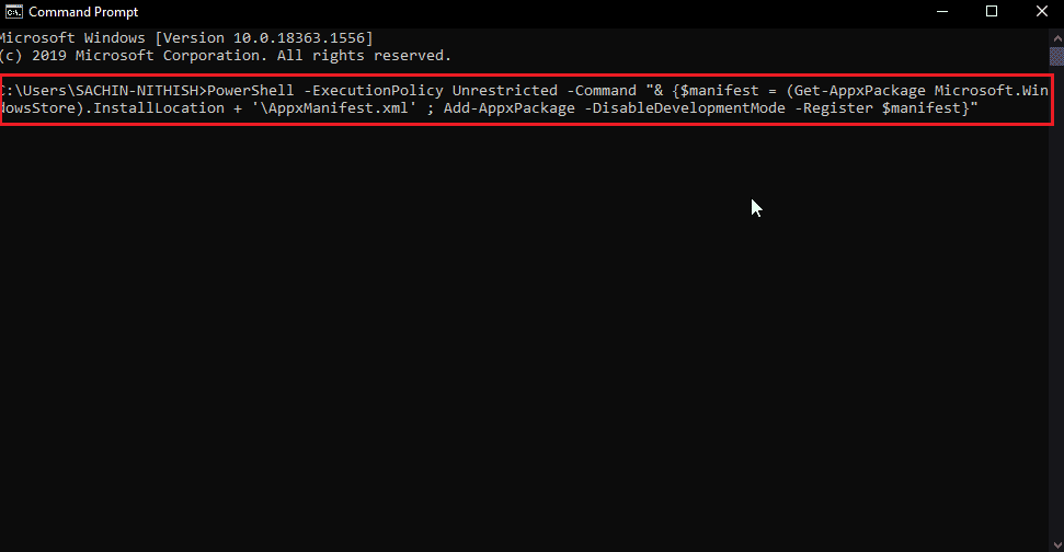 prompt dei comandi con il comando di registrazione di Windows Store