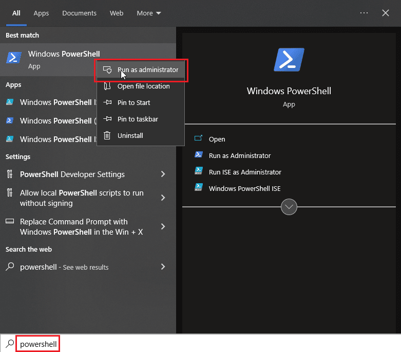 cerca PowerShell nel menu di avvio e fai clic su Esegui come amministratore su Windows PowerShell