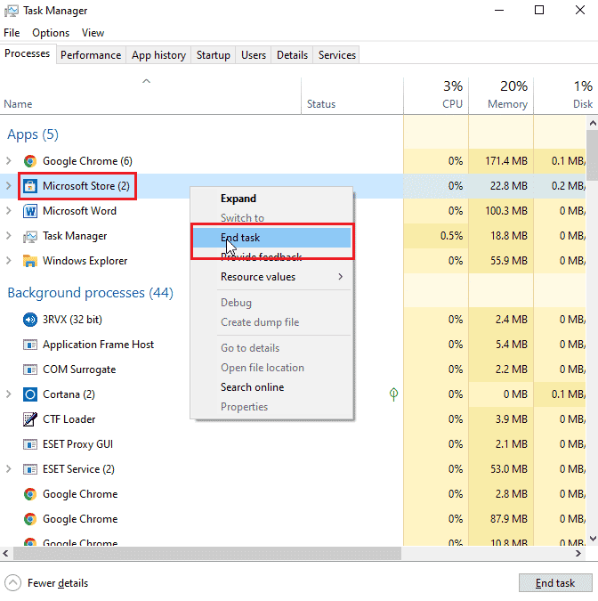 fare clic con il tasto destro del mouse su microsoft store e selezionare termina attività. Correggi il codice di errore 0x80d0000a in Windows 10