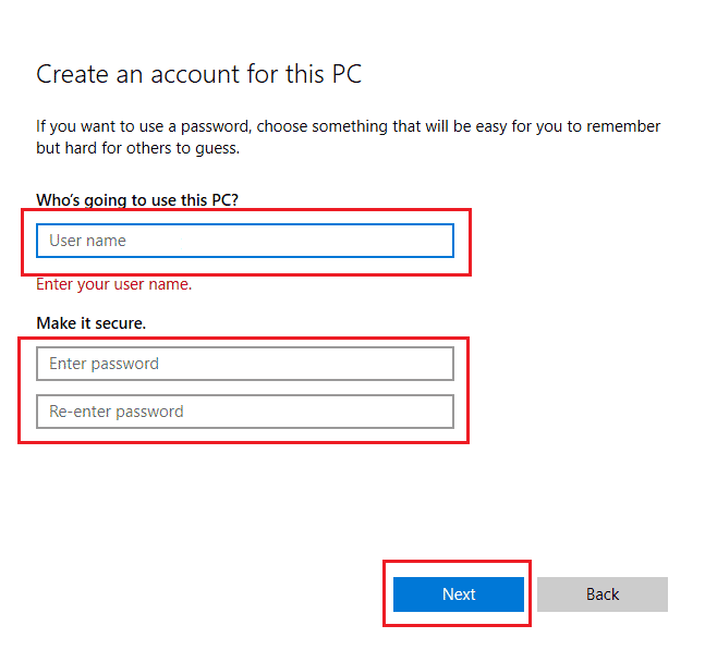 inserisci nome utente e password e fai clic su Avanti