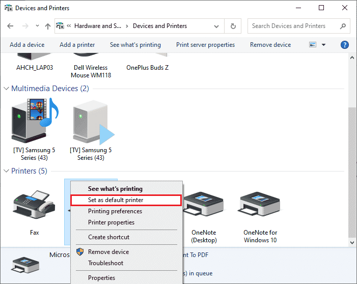 [通常使うプリンターとして設定] を選択します。 Windows 10での印刷エラーを修正