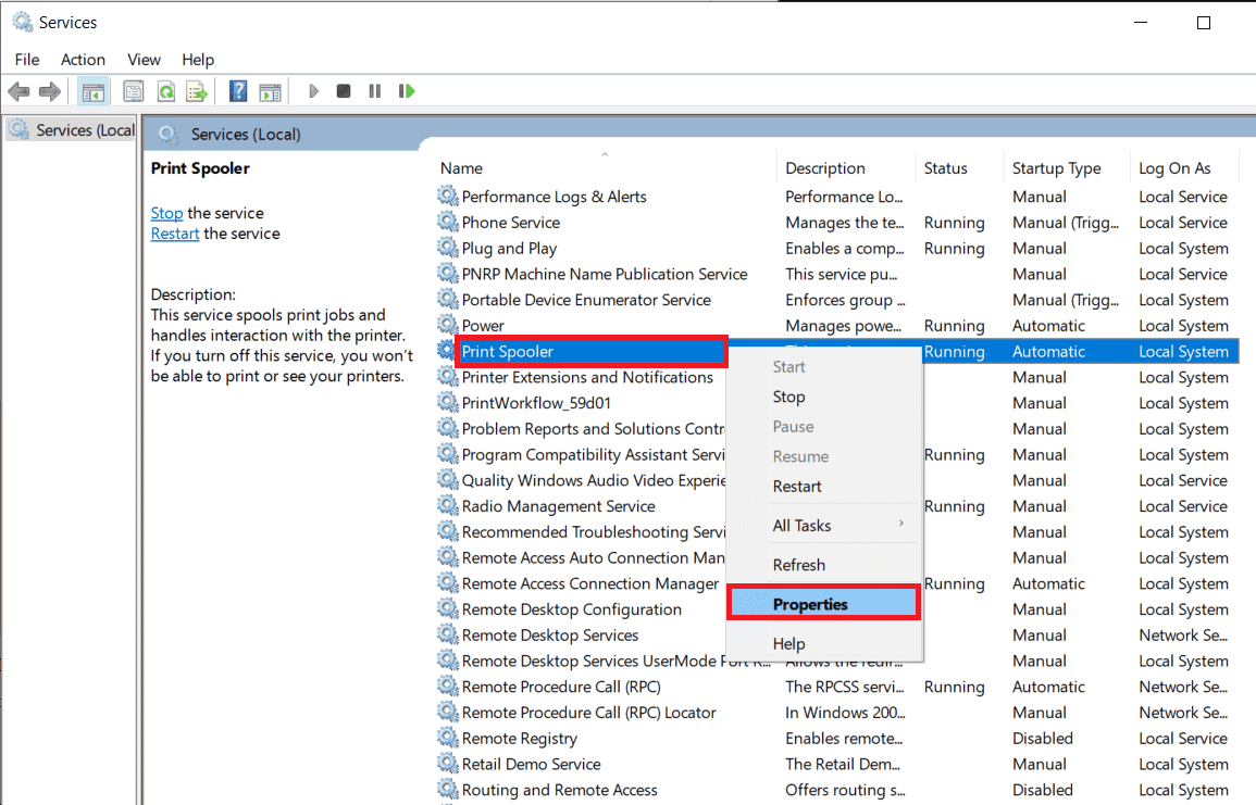 Print Spooler サービスを右クリックし、[プロパティ] を選択します。 Windows 10での印刷エラーを修正
