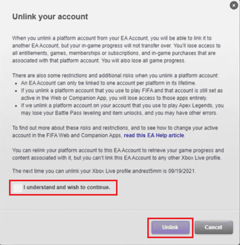 Centang kotak dan klik Batalkan Tautan di pop-up | Cara Membatalkan Tautan Akun EA dari Xbox
