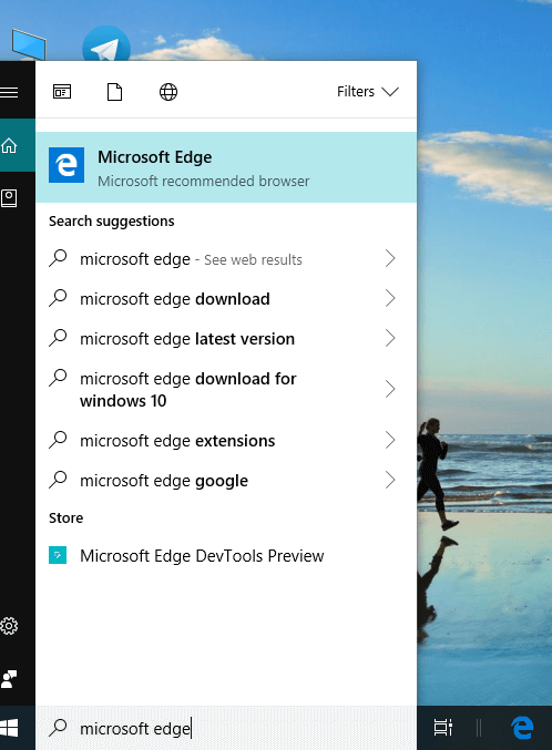 検索バーで検索してMicrosoftEdgeを開きます