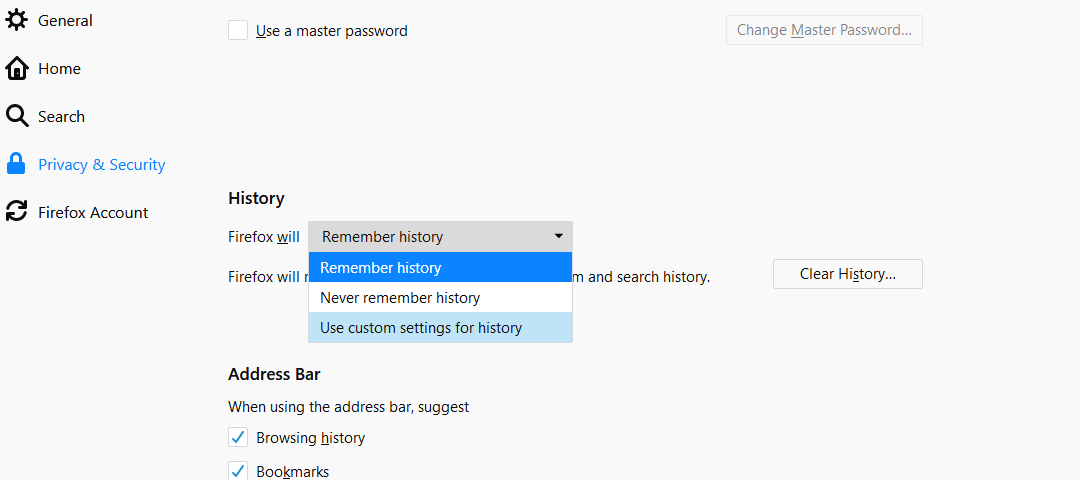 [履歴]で、Firefoxのドロップダウンから[履歴にカスタム設定を使用する]を選択します