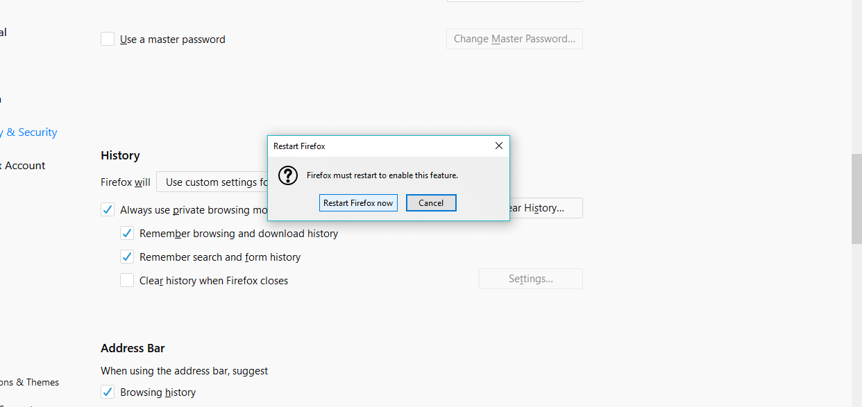 今すぐFirefoxを再起動するように求めます。クリックして