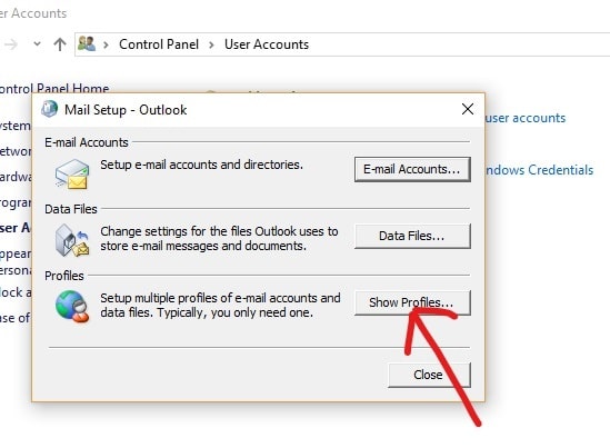 [メールの設定] – [Outlook]で、[プロファイルの表示]、[プロファイルの表示]の順にクリックします。破損したOutlookデータファイルを修正する