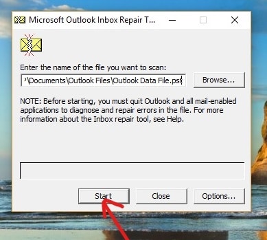 選択したファイルがロードされたら、スタートボタン|をクリックします。破損したOutlookデータファイルを修正する