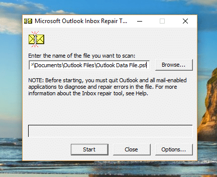 選択したファイルがMicrosoftOutlook受信トレイ修復ツールで開きます