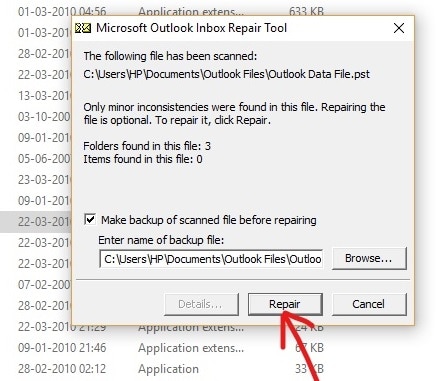 .PSTファイルがスキャンされたら、[修復]ボタンをクリックします|破損したOutlookの.ostおよび.pstデータファイルを修正する