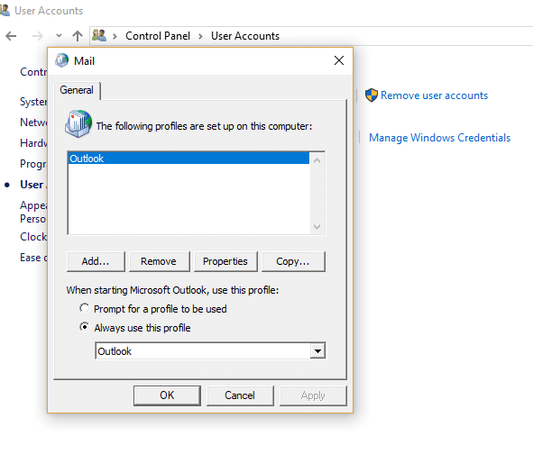 使用できるデフォルトプロファイル「Outlook」は1つだけです