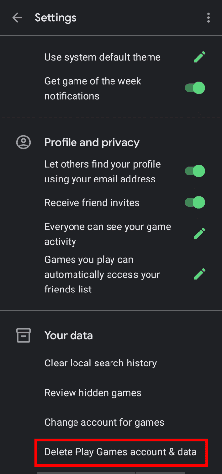 На странице настроек нажмите «Удалить учетную запись и данные Play Games».