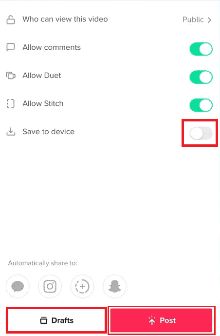 Disattiva l'interruttore per l'opzione Salva sul dispositivo e tocca Bozza o Pubblica | Come salvare il tuo video su TikTok senza pubblicare