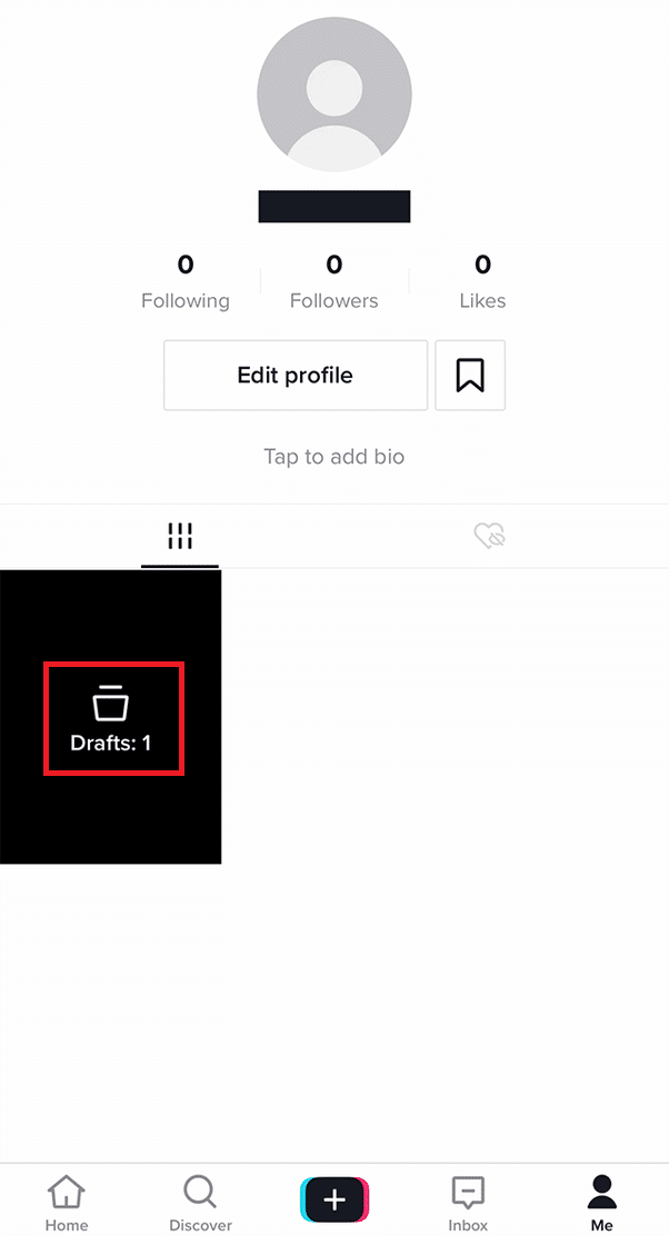 Tocca l'icona del profilo, quindi vai su Bozze | Come salvare il tuo video su TikTok senza pubblicare