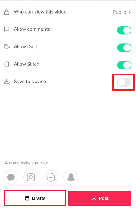Attiva l'interruttore per l'opzione Salva sul dispositivo. Quindi, tocca Bozza. | Come salvare il tuo video su TikTok senza pubblicare