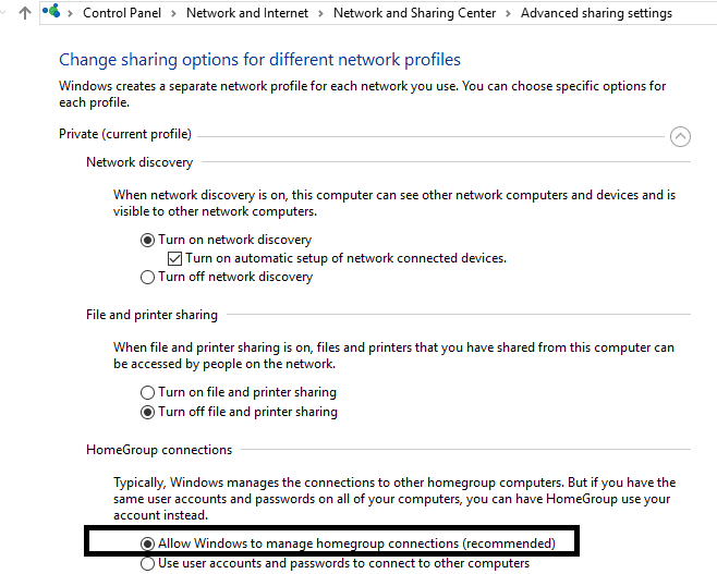 チェックマークWindowsがホームグループ接続を管理できるようにする(推奨)