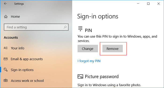 [PINサインインオプション]の下の[削除]をクリックします| Windows10でのネットワーク資格情報の入力エラーを修正