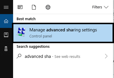 Windowsの検索バーで「共有の詳細設定」を検索し、共有の詳細設定の管理を開きます
