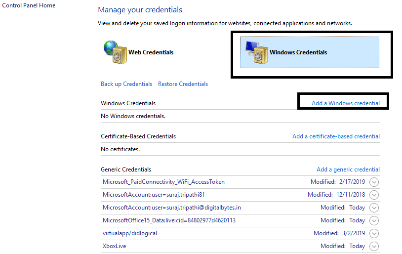 ボックス内の[Windowsクレデンシャル]をクリックします| Windows10でのネットワーク資格情報の入力エラーを修正