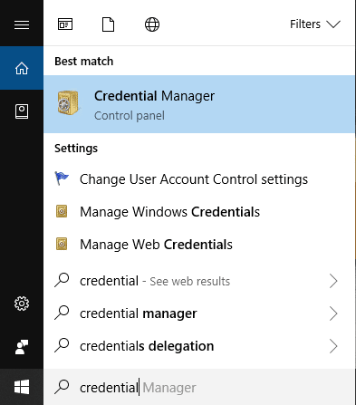 credentialと入力し、検索結果からCredentialManagerをクリックします
