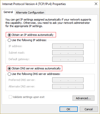 チェックマークIPアドレスを自動的に取得し、DNSサーバーアドレスを自動的に取得する