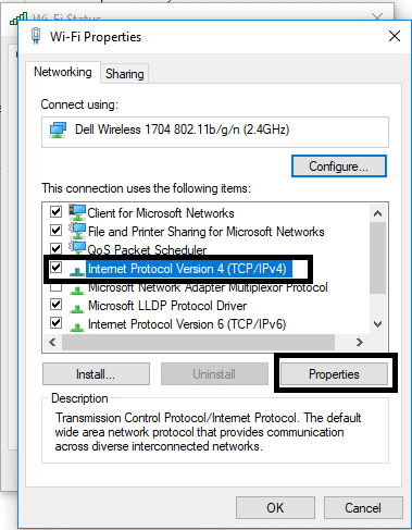 インターネットプロトコルバージョン4(TCPIPv4)オプションを選択し、プロパティオプションに移動します