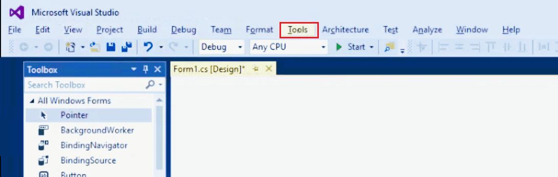 도구를 클릭합니다. Visual Studio 액세스가 거부된 프로그램을 시작할 수 없는 문제 수정